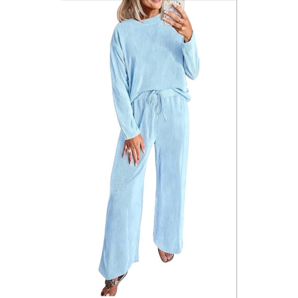 NEW 2 Pc Lounge Travel Outfit Ribbed Knit Long Sleeve Wide Leg XL